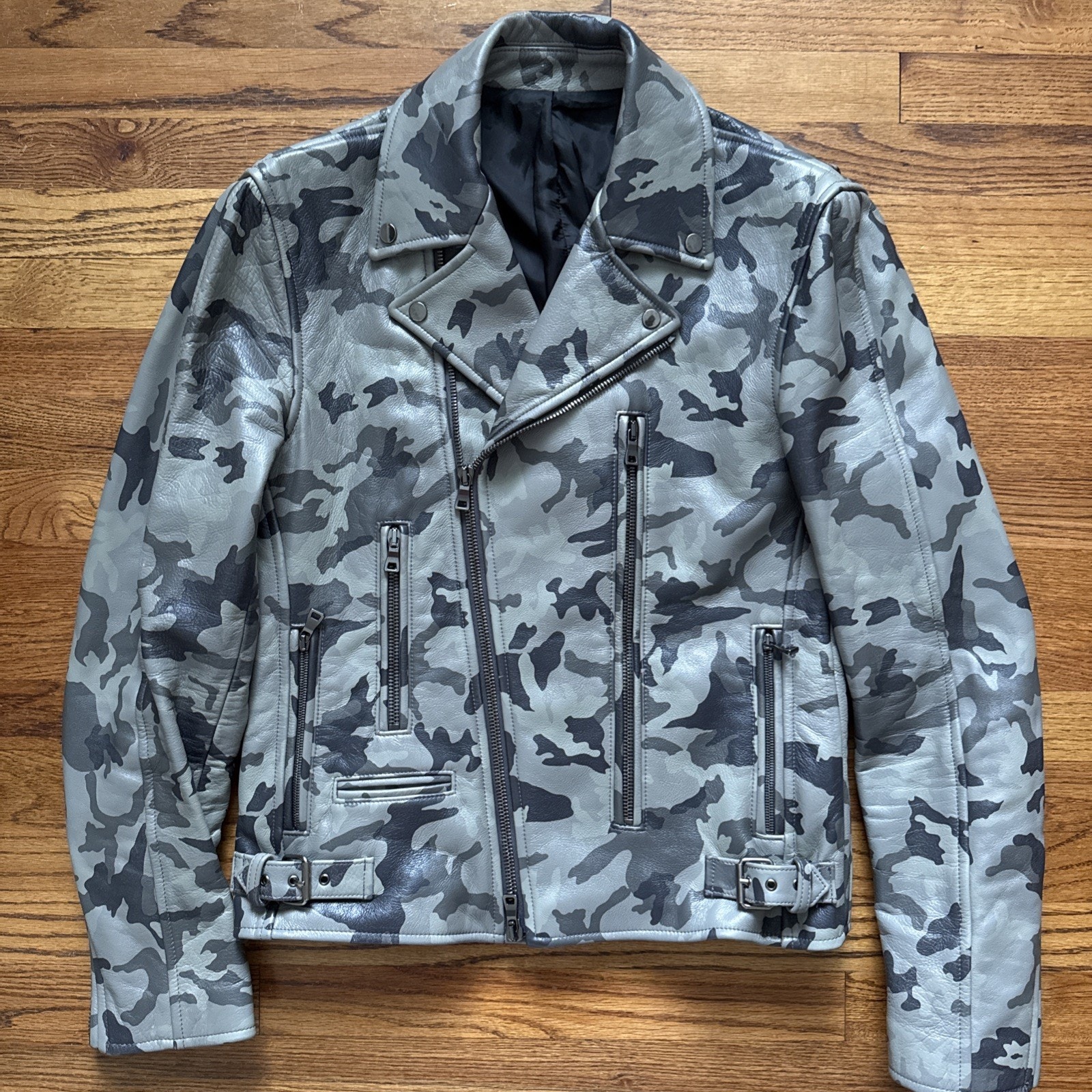 Musika Frere N.Y. Men's Grey Camouflage Leather Biker Jacket